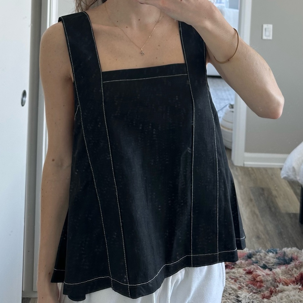Shop Pêche Black Linen Tank Top with White Stitching